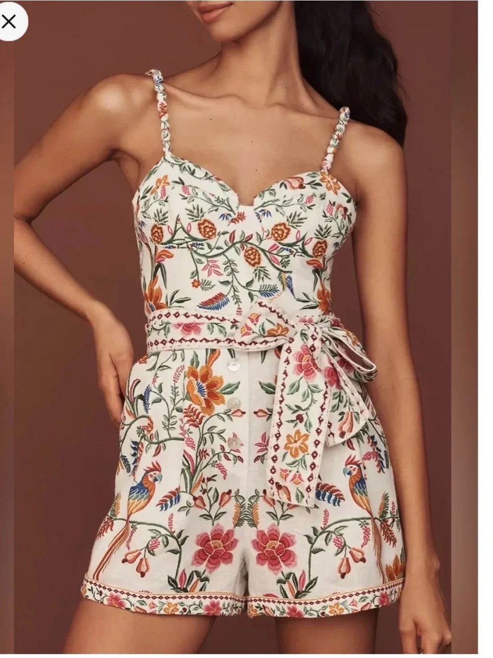FARM Rio Floral Embroidered Cream Romper with Multicolor Bird Motif